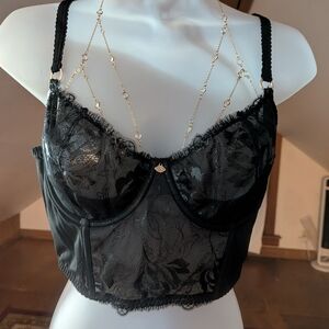 Elegant Black Lace Bralette with Chain Detail